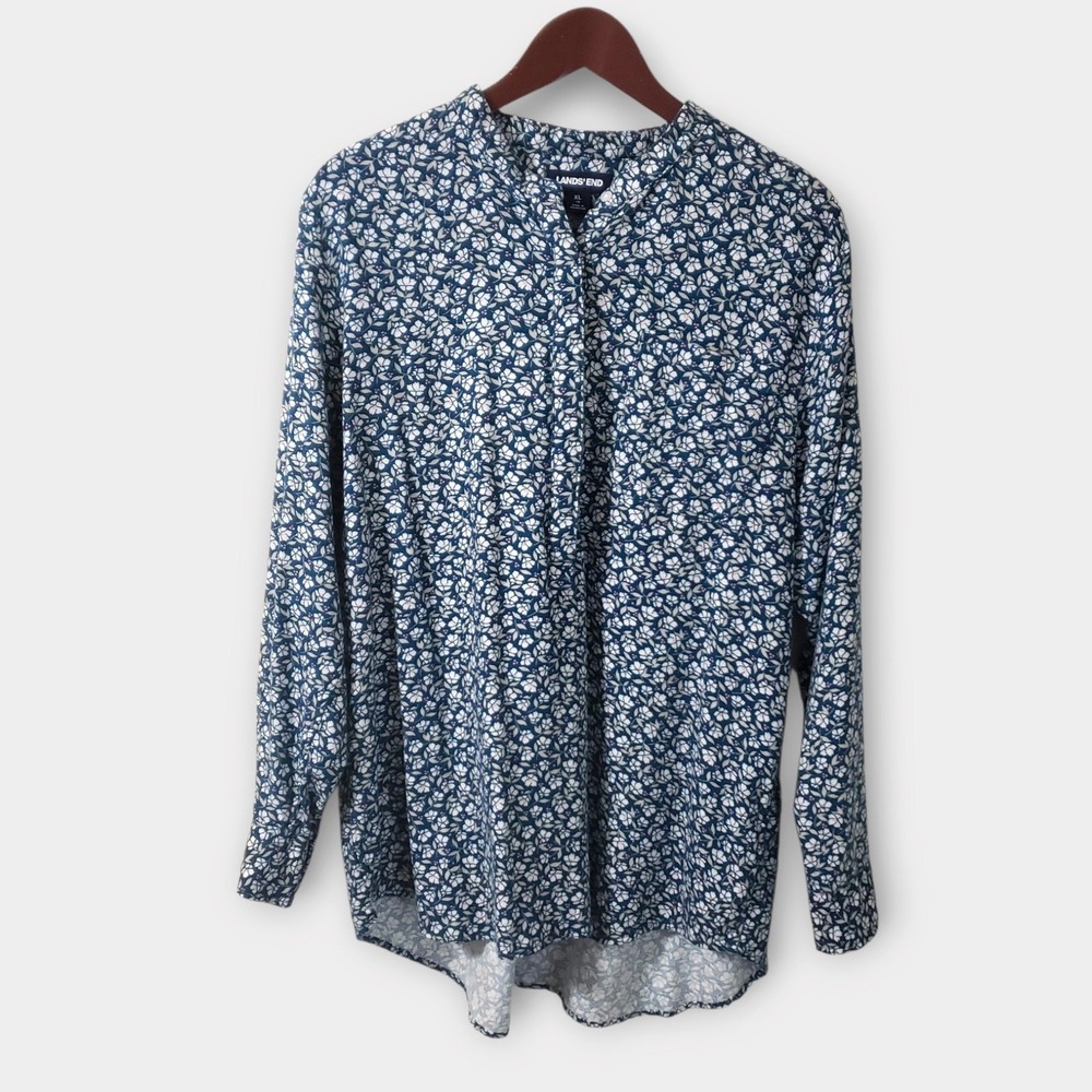 Lands End Womens Brushed Knit Cotton Long Sleeve Henley Shirt Blue Floral XL 18